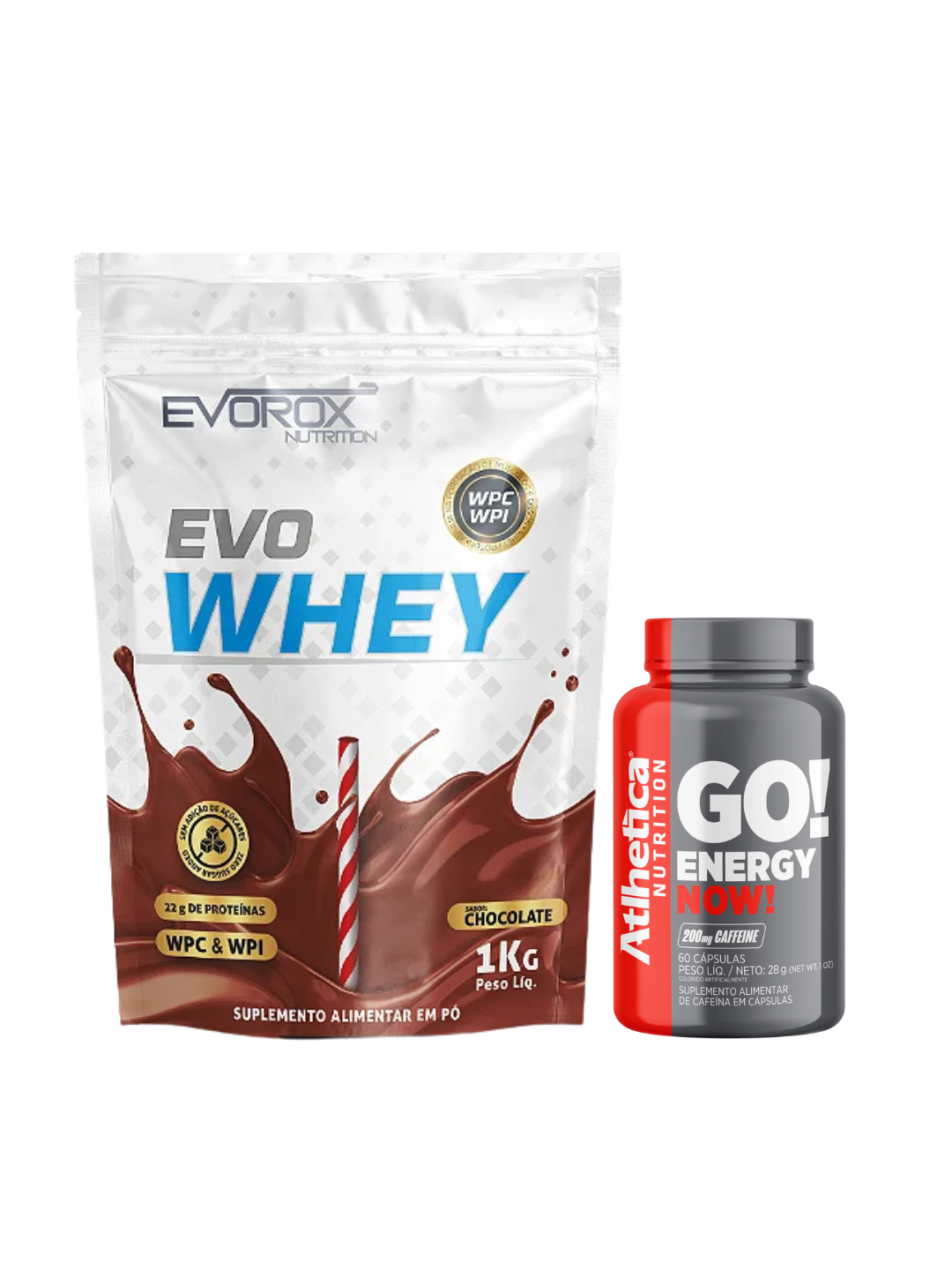 Whey Evorox 1Kg + Cafeína em Cápsulas Atlhetica